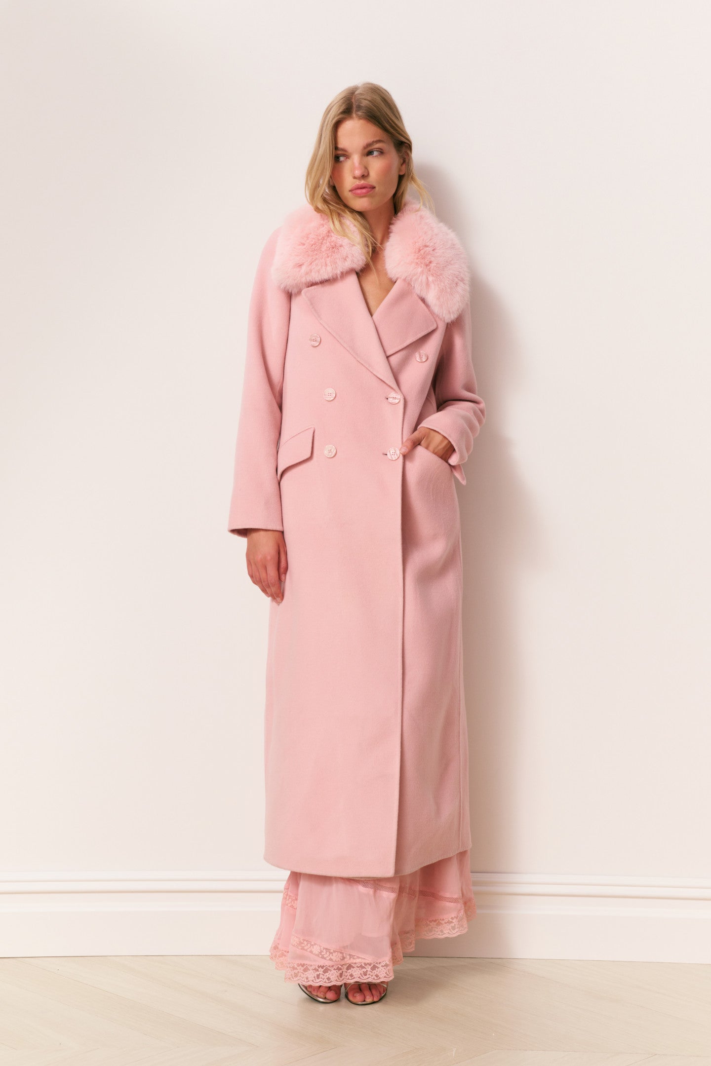 Char Faux Fur Collar Wool Coat - ORCHID ROSE