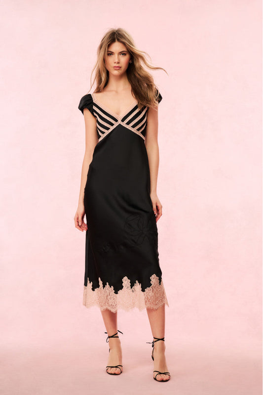 Brinkley Satin Midi Dress - BLACK