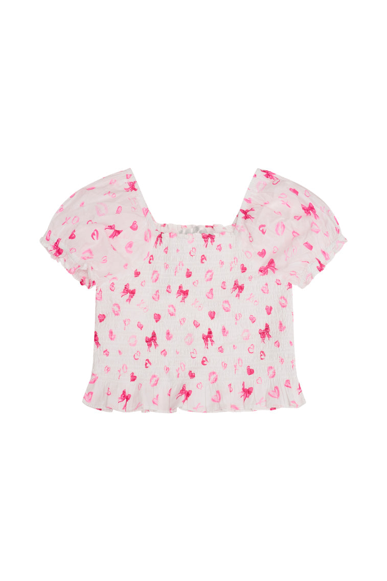 Girls Fabielle Bow & Kiss Print Top