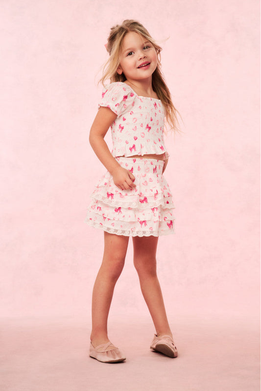 Girls Billie Bow & Kiss Print Ruffle Skirt