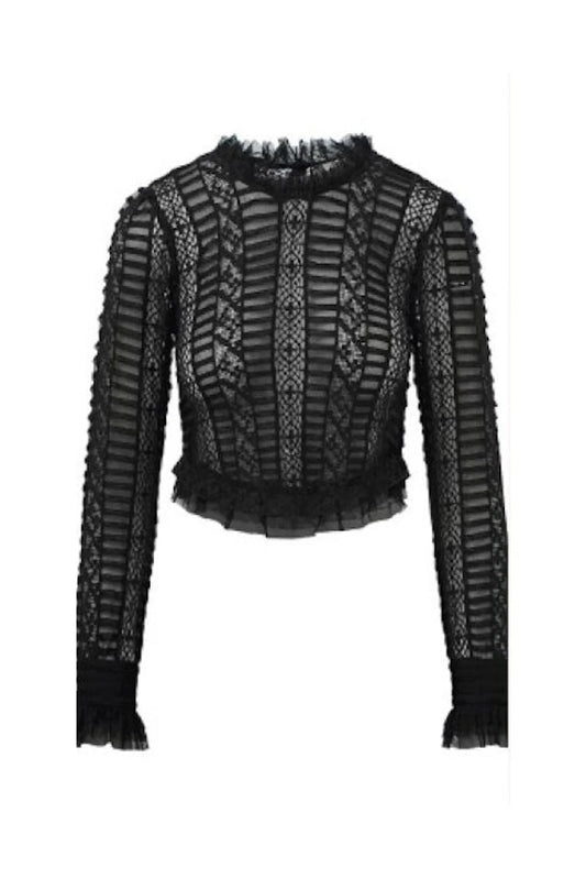 Etheline Crochet Lace Long Sleeve Top - BLACK
