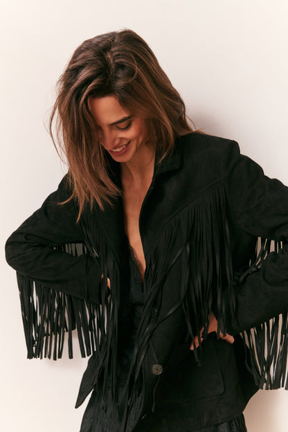 Geraline Black Suede Fringe Jacket